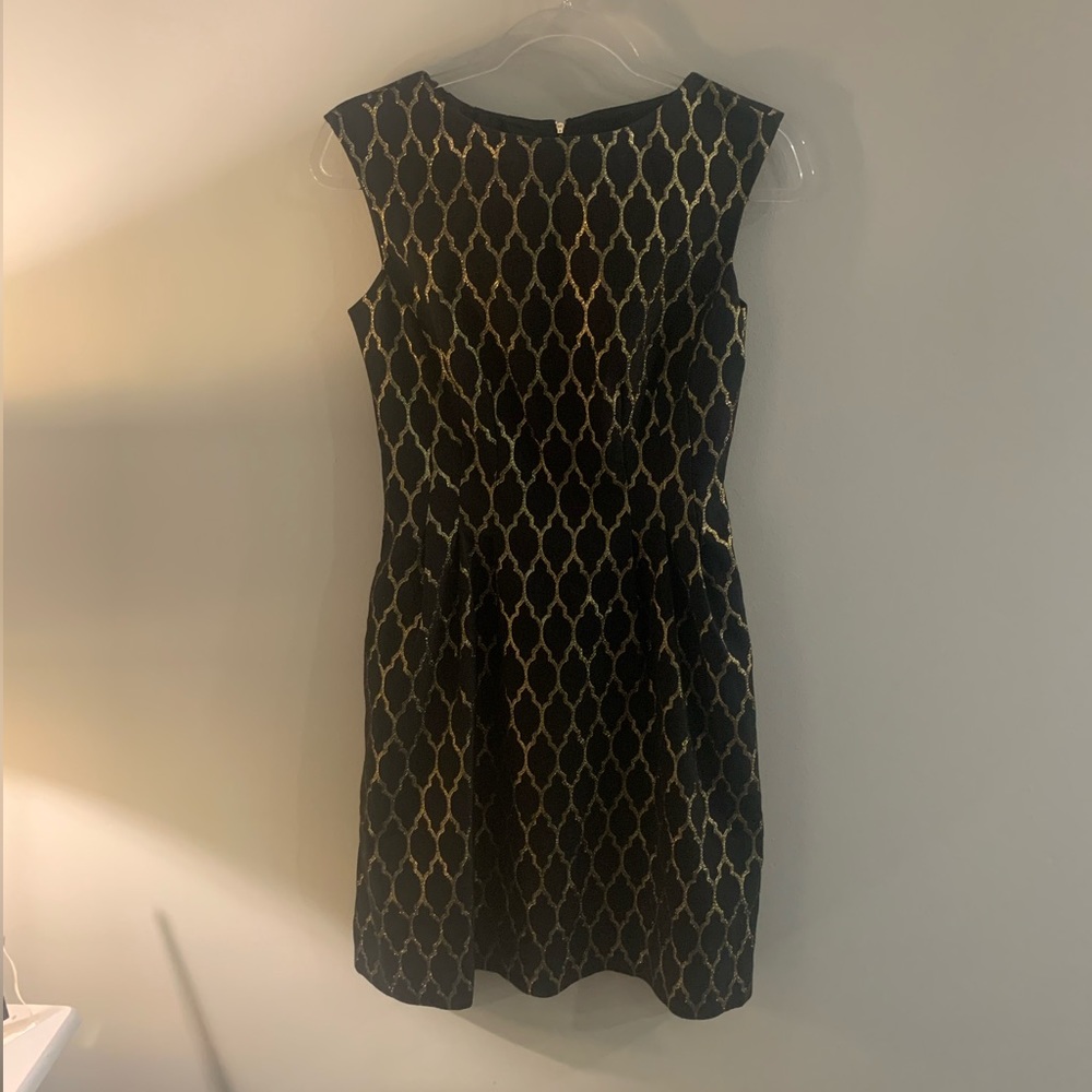Vince Camuto black with gold foil brocade flare dress. Size 4